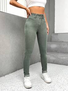 SHEIN PETITE Women's Solid Color Fitted Casual Jeans With Belt Loops, Versatile For Daily Wear ,Petite Women - Army Green - View 11