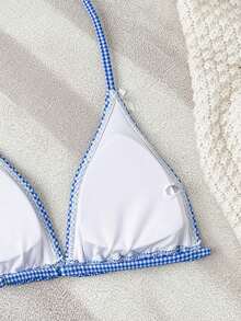 少女可爱蓝白格子针织露背比基尼套装，蝴蝶结装饰，两件式泳衣，时尚优雅，适合游泳、海滩、泳池、夏季度假 - 藍色 - 查看 4