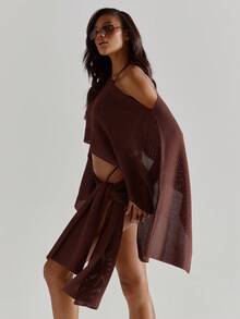 MUSERA Asymmetric Off The Shoulder Draped Flare Sleeve Cut Out Front Tie Side Crochet Knit Mini Dress Cute Beach Coverup Summer Spring Holiday Going Out Swim Sexy Crochet Knit - Coffee Brown - View 4