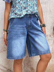 EMERY ROSE Women's Loose Casual Bermuda Denim Shorts With Pockets Blue Jean Shorts Women Mom Shorts For Women Baggy Jean Shorts - Blue - View 5