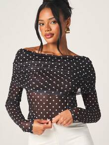 MISSGUIDED Off Shoulder Mesh Polka Dot Long Sleeve Crop Top With Sheer See Through Design For Date Night Party - Multicolor - View 5