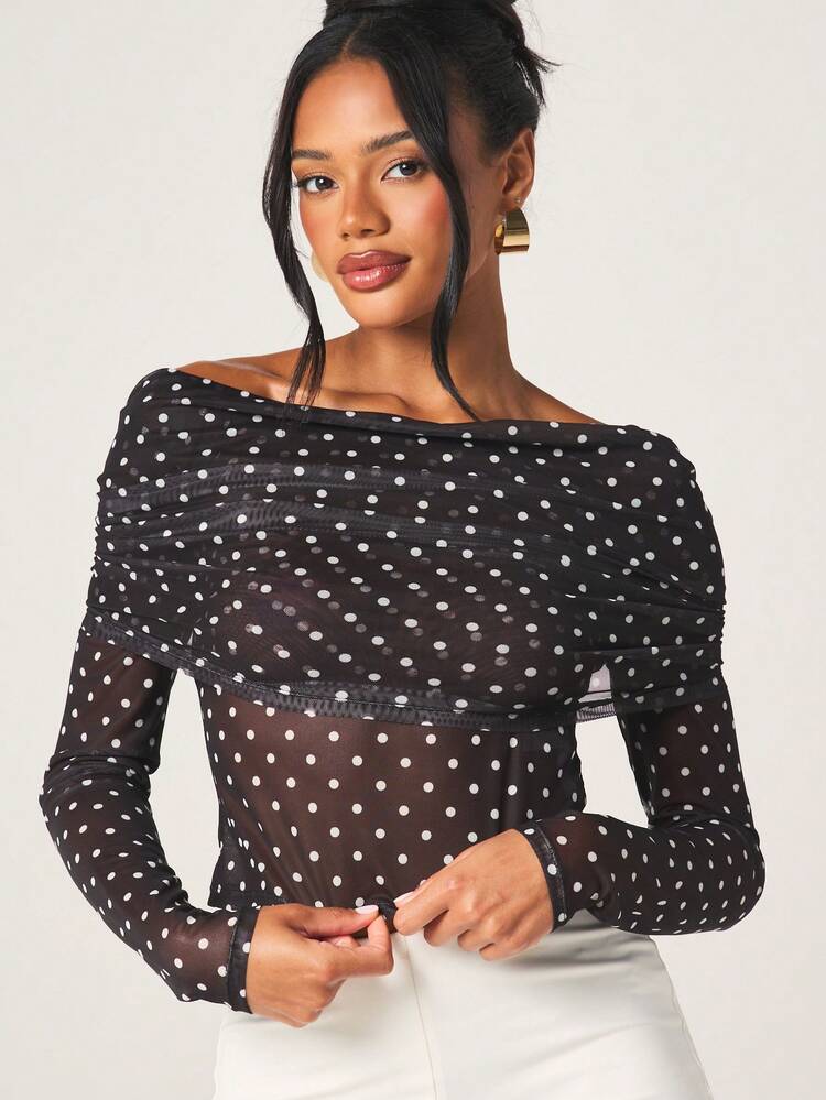MISSGUIDED Off Shoulder Polka Dot Mesh Top