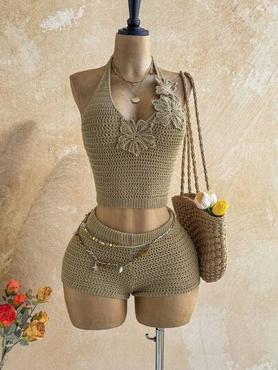 Soleia Women's Vacation Beach Floral Decor Backless Halter Knit Top And Shorts 2 Pieces Set