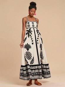 Travachic 梭织印花休闲度假长款吊带裙 - 杏色 - 查看 3