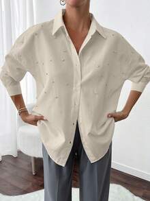 EURMUSE Women's Stylish Rhinestone Embellished Drop Shoulder Shirt - Beige - View 4