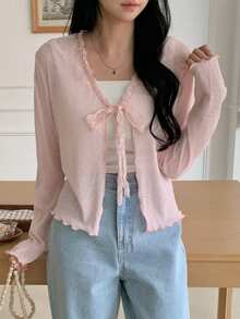 DAZY 女士蕾丝边蝴蝶结薄款T恤 - 粉色 - 查看 7