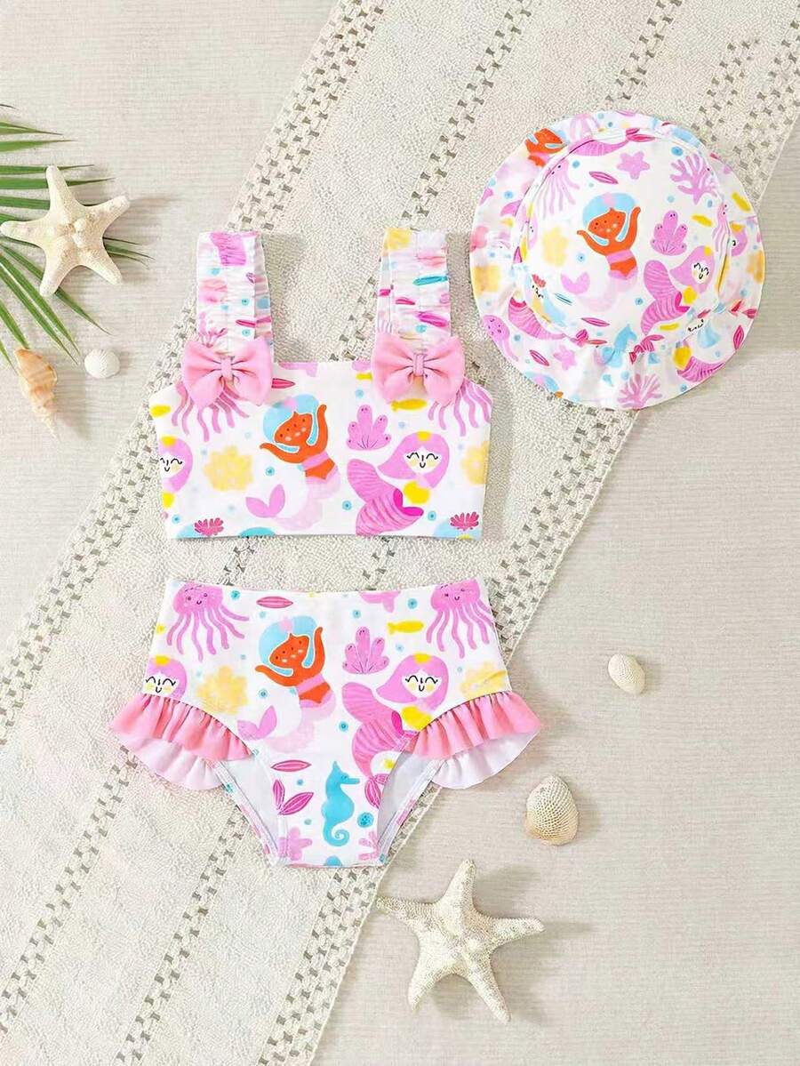 Baby Girl Cartoon Graphic Bow Detail Ruffle Trim Bikini Swimsuit With Headband - Multicolor - View 1