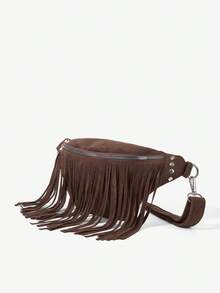Viva Strut Ladies, Women Retro Tassel Rivets Waist Bag/Chest Bag, Fashionable, Personalized, Simple, Versatile, Street, Sweet And Cool Girls, Hot Girls,Y2k, For Daily, Shopping, Beach, Vacation, Holiday, Summer, Seaside, Beach Party, Music Festival - Coffee Brown - View 3