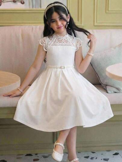 SHEIN 少女优雅蕾丝拼接纯色短袖连衣裙