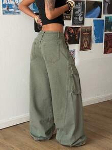 StreetHx Women's Casual Washed Wide Leg Cargo Jeans - Green - View 2