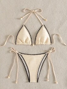 Swim Mod Bộ bikini buộc dây phía trước phối màu tương phản, thích hợp cho kỳ nghỉ biển. - Màu be - Xem 3