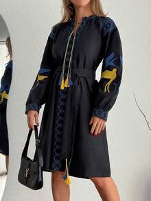 Women's Bohemian Style Embroidered Long Sleeve Belted Midi A-Line Dress, Black - Black - View 5