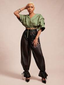 Vixey Solid Woven Pleated Structured Sleeve Drawstring Waist Top - Army Green - View 3