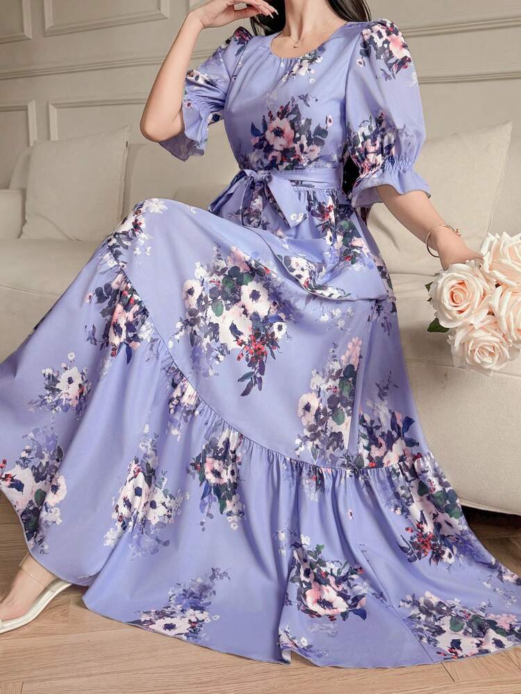 Women's Purple V-Neck Cinched Waist Dress With All-Over Print, Elegant Design Sundress Boho