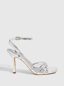 CUCCOO SZL Women's Square Toe Rhinestone Ankle Strap Sandals For Christmas Prom Heels Summer Shoes - Silver - View 3