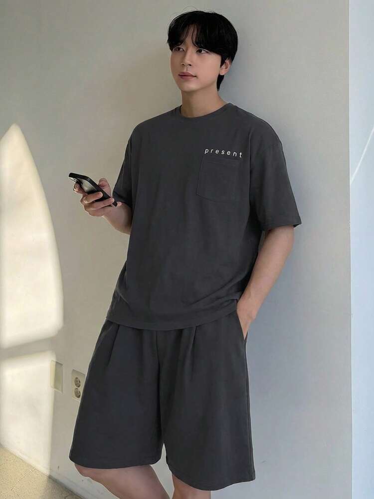 Men's Letter Print Grey Short Sleeve T-Shirt And Shorts Set, Summer