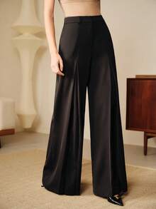 Anewsta Essential 女士新款休闲高腰喇叭开衩裤，男女通用长款西装裤 - 黑色 - 查看 4