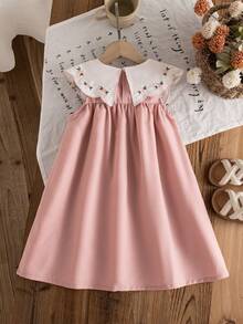 1pc Girls Cute Doll Dress, Pink Embroidered Ruffle Collar, Ribbon Bow, Loose Fit Sleeveless Backless Dress, Fashionable & Sweet, Suitable For Summer - Pink - View 2