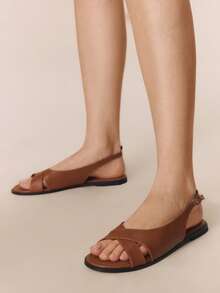 Styleloop Women's Shoes Buckle Crossed Trim Flat Sandals Holiday Travel Essential Boho Cowgirl Outfit Coachella - Brown - View 6