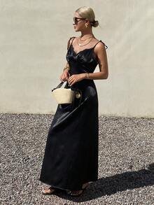 DAZY Women's Solid Color Lace Casual Vacation Date Night Maxi Slip Dress Sundress Summer Cocktail Dress - Black - View 5
