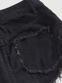 ROMWE Y2K性感极简低腰毛边系带休闲街头风女式牛仔短裤，春夏款 - 黑色 - 查看 4