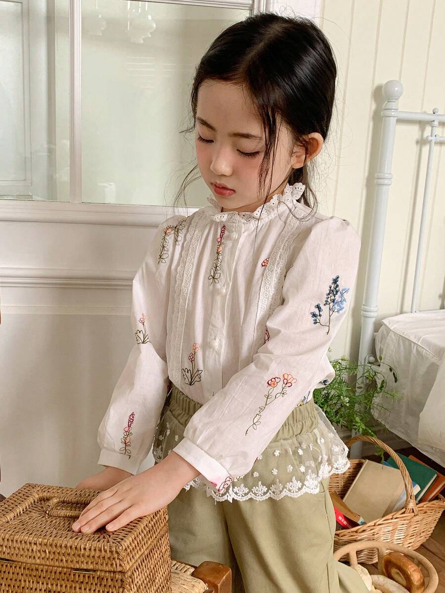 DAZY Áo sơ mi dài tay cổ đứng in hoa, cài một hàng khuy, kiểu dáng thường ngày, đa năng, thích hợp cho bé gái, thích hợp mặc mùa hè. - Nhiều màu - Xem 1