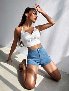 SHEIN ICON Summer High Waist Skinny Denim Shorts - Light Wash - View 4
