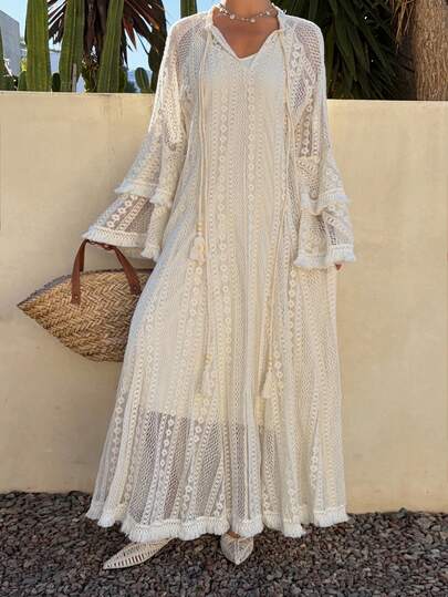 DAZY 女士优雅蕾丝喇叭袖流苏系腰中长连衣裙，春夏款