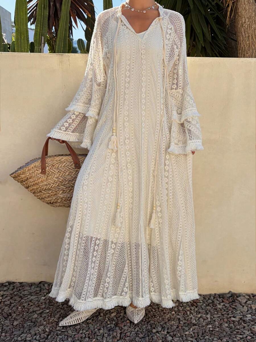 DAZY 女士优雅蕾丝喇叭袖流苏系腰中长连衣裙，春夏款 - 米色 - 查看 1