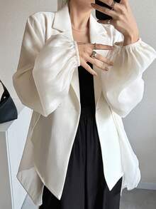 FRIFUL Áo blazer nữ màu trơn cổ ve áo, tay phồng, cài hai hàng khuy, kiểu dáng thường ngày. - Màu be - Xem 5