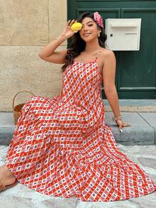 Breezaya Plus Size Geometric Print Sleeveless Dress, Vacation Style - Multicolor - View 1