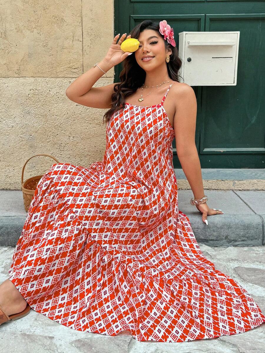 Breezaya Plus Size Geometric Print Sleeveless Dress, Vacation Style - Multicolor - View 1