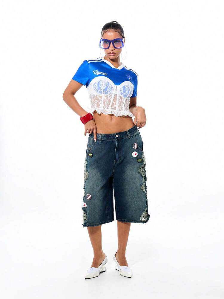 SUMWON WOMEN Lace Corset With Graphic Football Jersey