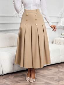 SHEIN Lady 女士双排扣褶裥优雅卡其色半身裙 - 卡其色 - 查看 1