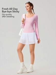 OutZeal 女士运动粉色T恤 日常休闲速干修身长袖U领运动上衣 - 粉色 - 查看 2