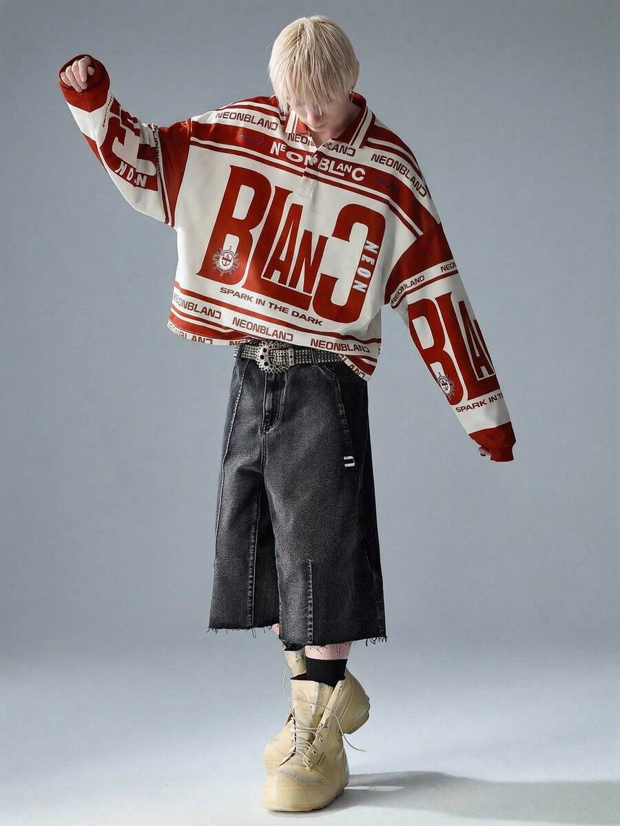 NEON BLANC Men's Street Fashion Knitted Long Sleeve Printed Polo T-Shirt