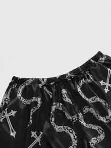 ROMWE Plus Size Gothic Cross & Snake Print Satin Camisole & Shorts Pajama Set - Black and White - View 3