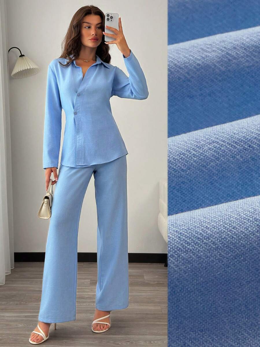 EURMUSE Leinenhemd-Set, taillierte Passform, asymmetrisches Vorderdetail, Langarmdesign, weite Hose, weicher atmungsaktiver Stoff, eleganter minimalistischer Stil, müheloser Alltags-Chic, blaues Zweiteiler-Set, Damenbluse und Hosen-Set, blauer Hosenanzug für Damen, Sommer-Set, 2-teiliges Leinen-Set für Frauen - Blau - Übersicht 1