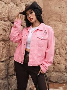 SHEIN ICON Plus Size Casual Solid Color Distressed Denim Jacket - Pink - View 6