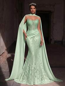 Glamrae Elegant Luxurious Stretchy Lace Ruched Sexy Bandeau Mermaid Dress With Detachable Sequin Skirt, Suitable For Weddings, Parties, Vacations, Galas, Honeymoons, Bridal - Green - View 6