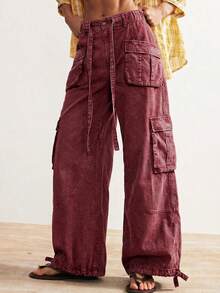 Bohemela 女士休闲纯色梭织宽松抽绳腰低腰阔腿裤 - 酒紅色 - 查看 6