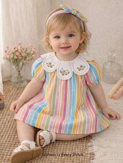Cozy Pixies Baby Girl Floral Print Contrast Ruffle Collar Sleeveless Waist Dress
