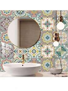 10pcs Mandala Pattern Tile Stickers, Self-Adhesive, Waterproof, Oil-Resistant PVC Kitchen Wall Decals,Stickers,Wall Decal, Vinyl Decal For Home Decorations,Spring Decoration Items Refresh Your Home,Rama Decoration Stickers,Room Decor , Ramadan Decor, Home Decor, Bathroom Decor Kitchen Decor - Multicolor - View 2
