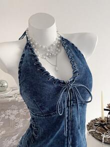 Elamini Women's Backless Halter Tie Denim Jacket - Blue - View 6