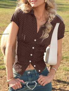 Sydney Algeri 圆点印花翻领修身短袖女式衬衫 - 棕色 - 查看 5