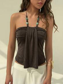 Aloruh Top de tirantes con cuello halter y decoración de cuentas en color marrón para mujer, primavera/verano - Marrón - Ver 7