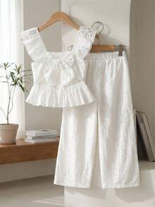 Maija Kids 女童提花面料荷叶边领上衣搭配宽松阔腿裤两件套，度假风 - 白色 - 查看 7