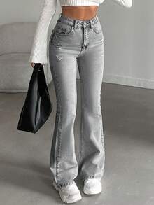 SHEIN Plus Hight Waist Snow Wash Flare Jean Pants Flare Leg Boot Cut Jeans Flared Jeans For Women - Grey - View 2