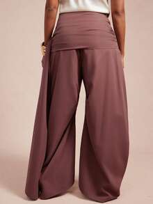 Vixey Solid Woven High Waist Gathered Sash Wide Barrel Leg Pants - Brown - View 5