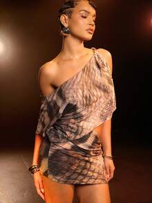 Hauture Women's Sexy Off Shoulder Asymmetrical Neck Twisted Shoulder Waist Cut Out Mini Dress - Brown - View 7